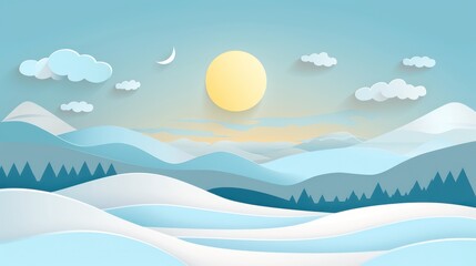 A serene winter landscape featuring mountains, snow, sun, and a clear blue sky with clouds