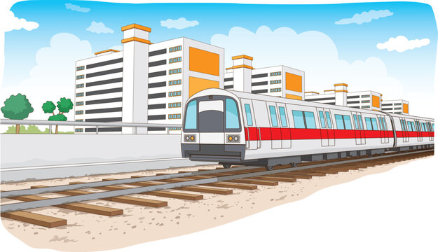 Singapore&rsquo;s MRT train traveling past HDB flats with greenery captures the everyday urban landscape of the city. It&rsquo;s a neat blend of transport efficiency and city living.