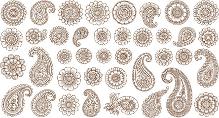 Floral mandala and paisley henna ornament collection traditional mehndi decorative elements for wedding tattoo vector set