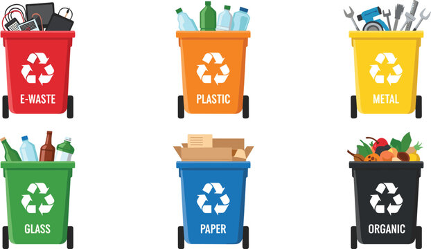 Recycling waste sorting bins with e waste plastic metal glass paper and organic garbage flat vector illustration