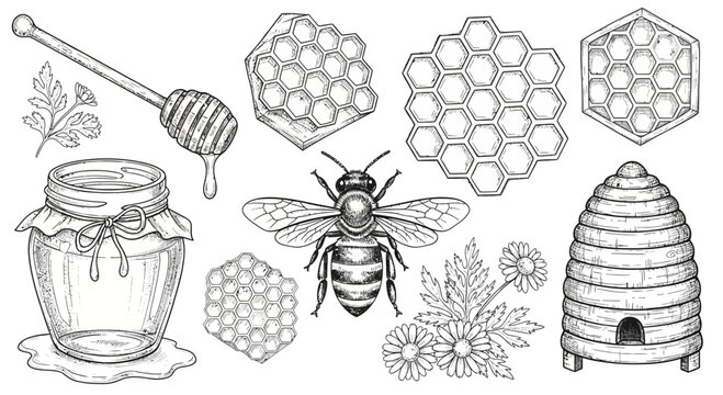 Honeybee and honeycomb illustration set for decorative and commercial design