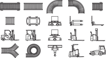 A collection of industrial equipment and machinery with top, side and angled views, rendered in a line drawing style.  © Precision CAD System
