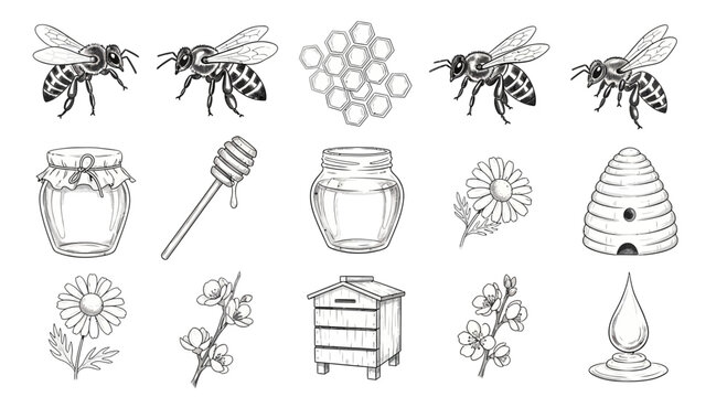Illustrated honey bees honeycomb jar flowers and beehive elements