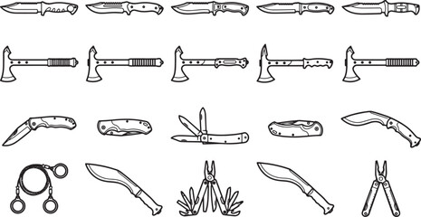 A collection of meticulously rendered drawings presents a diverse array of bladed tools, showcasing their form and function.