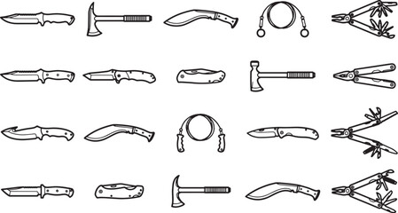 Assortment of sharp tools tools are essential for various task, and the composition of knives, hatchets, and other implements underscores a sense of readiness and precision. 