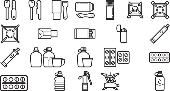 Minimalist monochrome icons of essential camping equipment, perfectly capturing the spirit of adventure and outdoor exploration.