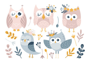 Naklejka premium Cute Cartoon Owl Vector Set with Floral Elements for Spring Summer Print Design