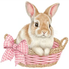 Fototapeta premium Adorable Brown Bunny In Pink Wicker Basket With Gingham Bow — Easter Spring Illustration