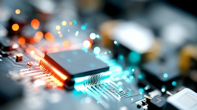 Glowing microchip on circuit board with blue and orange bokeh, futuristic computing and electronics technology concept, macro close-up