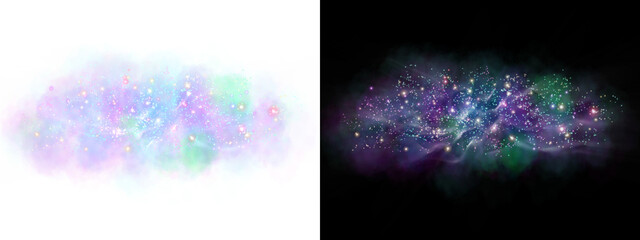 Violet-blue nebulae, galaxies, and dazzling stars. Twinkling starlight. Transparency effect. © Florencute