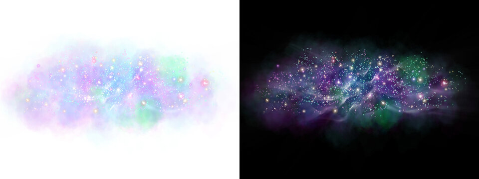 Violet-blue nebulae, galaxies, and dazzling stars. Twinkling starlight. Transparency effect.