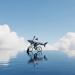 Shark Riding a Bicycle on Water