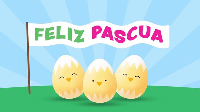 Sweet Cartoon Animation of 3 Easter Egg Chickens with Spanish Happy Easter Text (Feliz Pascua) in Wavy Banner Flag in a Spring Landscape with Sunburst - 4K Horizontal Seamless Loop Video