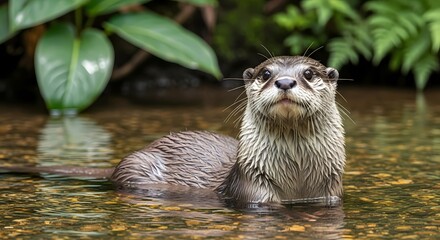 Fototapeta premium A curious otter with wet fur emerges from clear water, looking directly at the viewer with a natural green background.