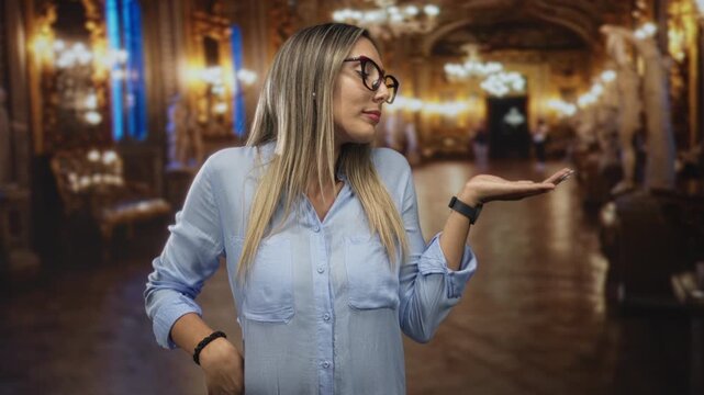 Young hispanic blonde woman with glasses showing palm up presenting gesture in ornate museum building; curiosity invitation discovery.