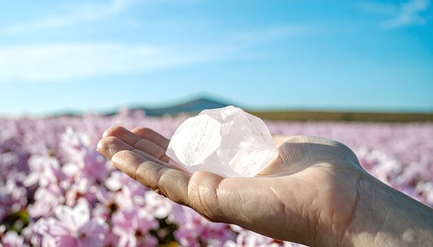 Mano sosteniendo cristal de cuarzo rosa sobre campo de flores al aire libre