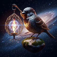 Cosmic Bird with Lantern in Space
