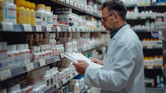 A pharmacist in a crisp white coat methodically checks medication bottles on pharmacy shelves, verifying inventory levels, ensuring precision stock management
