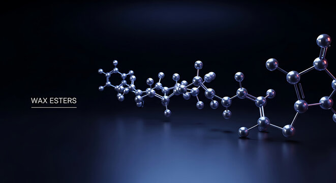Molecular structure of wax esters on dark surface with reflective spheres and connections in detail