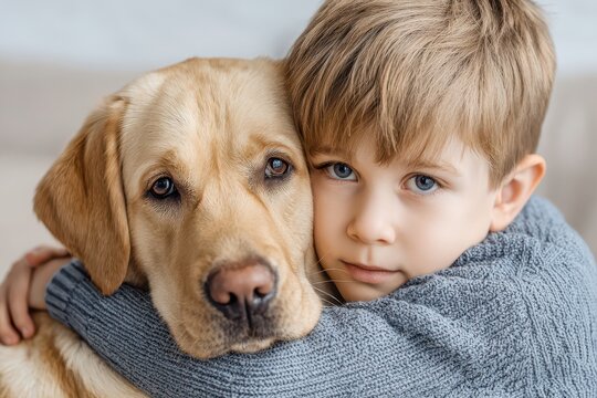 A charming close-up of a blonde boy affectionately hugging his golden Labrador retriever, showcasing the deep bond and unconditional love between a child and his loyal pet.