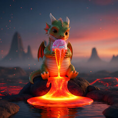 Cute Dragon with Ice Cream on Volcanic Rock