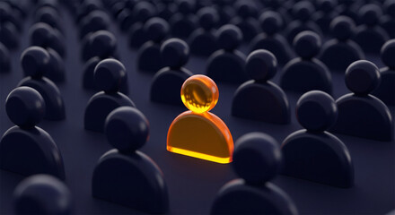 Obraz premium One glowing figure stands out from a crowd of dark silhouettes, symbolizing uniqueness and leadership.