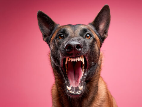 Closeup malinois baring teeth, pink backdrop, sharp ears, wideopen mouth, intense stare projecting guard and protection themes for security or service concepts