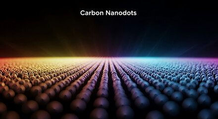 Fototapeta premium Rows of carbon nanodots in a grid pattern on a dark background with colored lighting effect