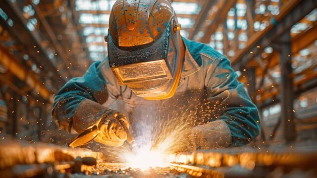 A proficient welder, clad in safety attire, precisely joins metal parts, producing vibrant sparks amidst the dimly lit industrial environment, as orange-tinted arc illumination dominates the workspace