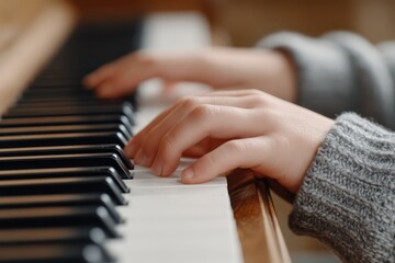 Fototapeta premium Close-up shot capturing the hands of a young person playing a piano, focusing on the keys and the delicate touch, highlighting the musical moment and texture.