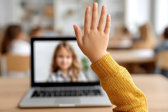 A young student raises her hand during a video call lesson with her teacher, while attending remote learning from home using a laptop computer for virtual classroom.