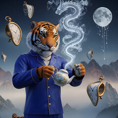 Surreal Tiger Sipping Tea Under Moonlight