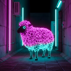 Neon Sheep in Dark Corridor