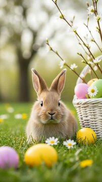 Brown Rabbit Lying on Grass Near White Basket with Easter Eggs