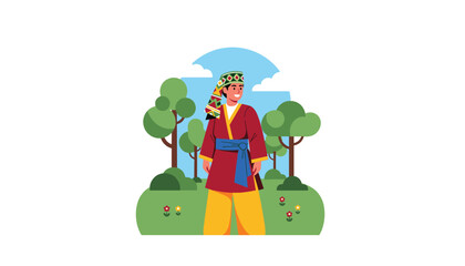 Fototapeta premium Smiling man in traditional Asian attire standing in serene natural setting