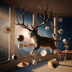 Cosmic Cat with Antlers Floating in Space