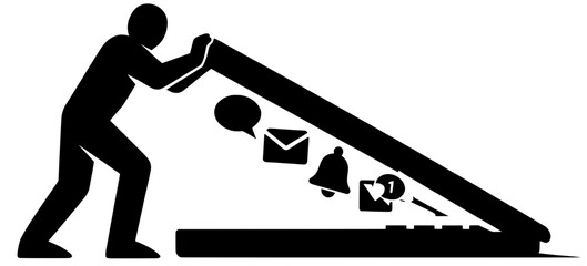 Person Closing Giant Laptop Blocking Digital Notifications, Work Life Balance Unplug Concept, Digital Detox Boundary Black Vector Silhouette

