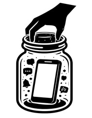 Hand Sealing Smartphone Inside Glass Jar With Cork, Digital Detox Storage Concept, Phone Free Focus Time Black Vector Silhouette
