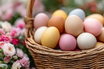 Charming Easter basket overflowing with pastel-colored eggs and delicate pink flowers, creating a festive and joyful spring holiday celebration centerpiece.