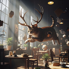 Whimsical Cat with Antlers in Caf&eacute;