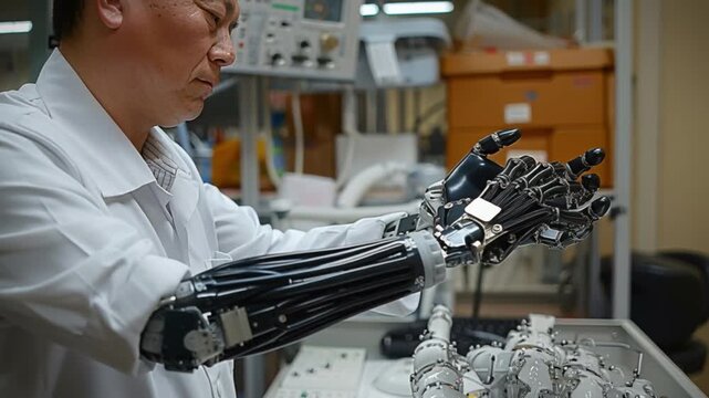 A scientist in a high-tech laboratory setting meticulously fine-tunes robotic prosthetic limbs, analyzing their operational performance and functionality
