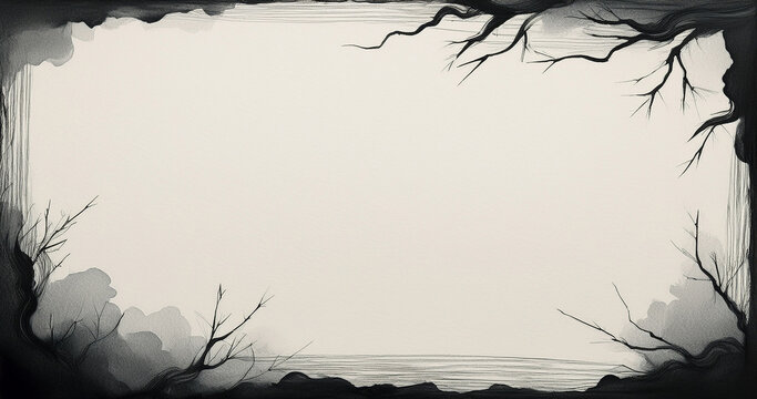 Ornate hand-drawn ink border with twisted tree branches and delicate twigs surrounding a blank vintage paper background