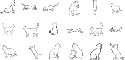 Cat Outline Pose Collection &ndash; Cute Cat Line Art Vector Set, Various Cat Actions and Pet Outline Illustrations