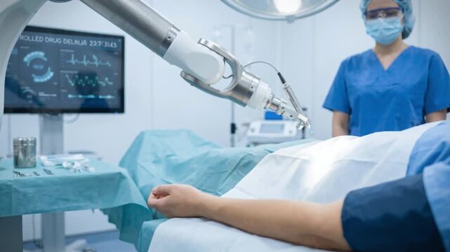 A scientist oversees a robotic arm, driven by sophisticated artificial intelligence, executing a precise microinjection in a laboratory, demonstrating state-of-the-art technology for research purposes