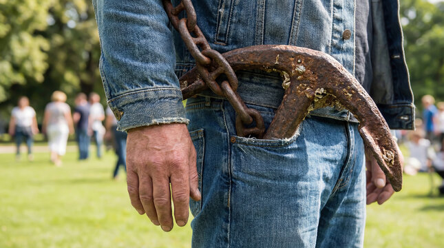 Man in blue jeans carrying a large rusty anchor in his pocket