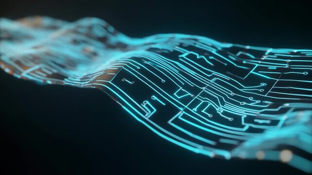 A futuristic circuit board wave flowing through a dark technological environment from a close-up viewpoint