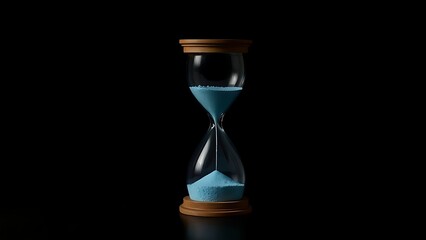 directional. Minimalist hourglass with blue sand symbolizing time, isolated on dark background with spotlight. wellbeing guides.