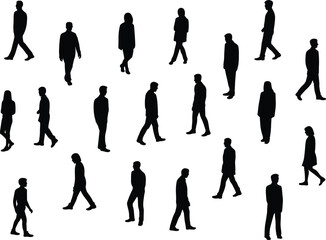 Fototapeta premium Walking and standing silhouettes, diverse people vector, human posture illustration, lifestyle activity design, crowd movement art, urban social gesture collection
