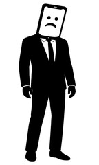 Business Person With Smartphone Head Displaying Sad Face, Digital Identity Loss Screen Addiction Concept, Dehumanization Black Vector Silhouette
