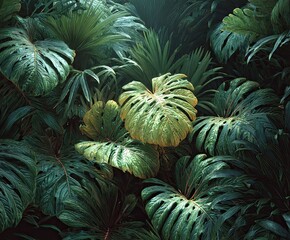 Tropical Green Leaves Botanical Background with Natural Texture